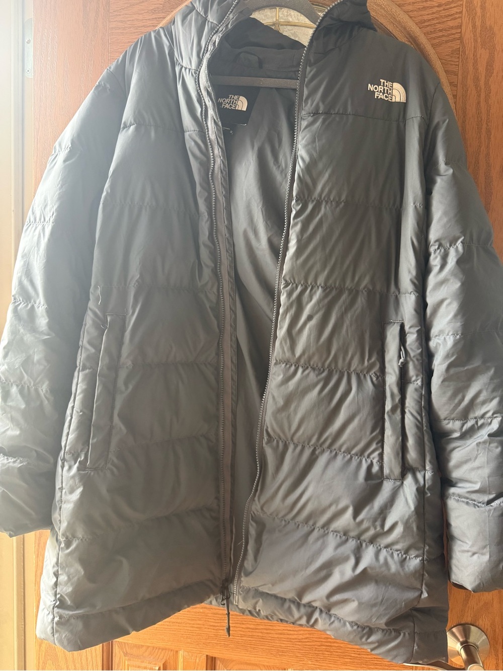 The North Face Women’s Hooded Long Puffer Jacket in Gray